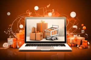 Ekran laptopa przedstawiający koszyk z zakupami. Wokół laptopa znajdują się również prezenty. Wszystko w kolorystyce pomarańczowej. Ma to być symbolem gamifikacji w e-commerce, czyli zwiększenia zaangażowania.